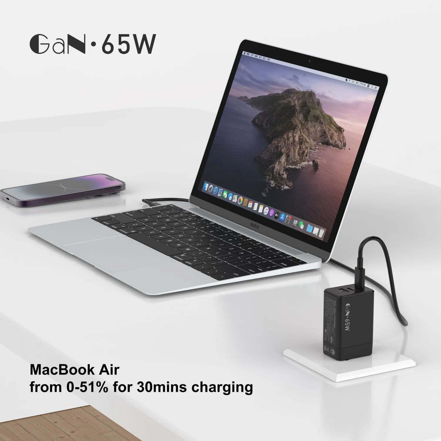 65W GaN USB C Charger 3-Port Fast Charging Adapter for Laptop &amp; Phone