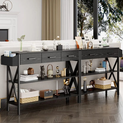 47" Console Table with 3 Drawers, Industrial Entryway Table with 3 Tier Storage Shelves, Narrow Long Sofa Table for Entry Way