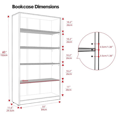 60 Inch Tall Bookcase,5 Shelf Bookshelves,Adjustable Bookshelf for Home Office,Black, Customized