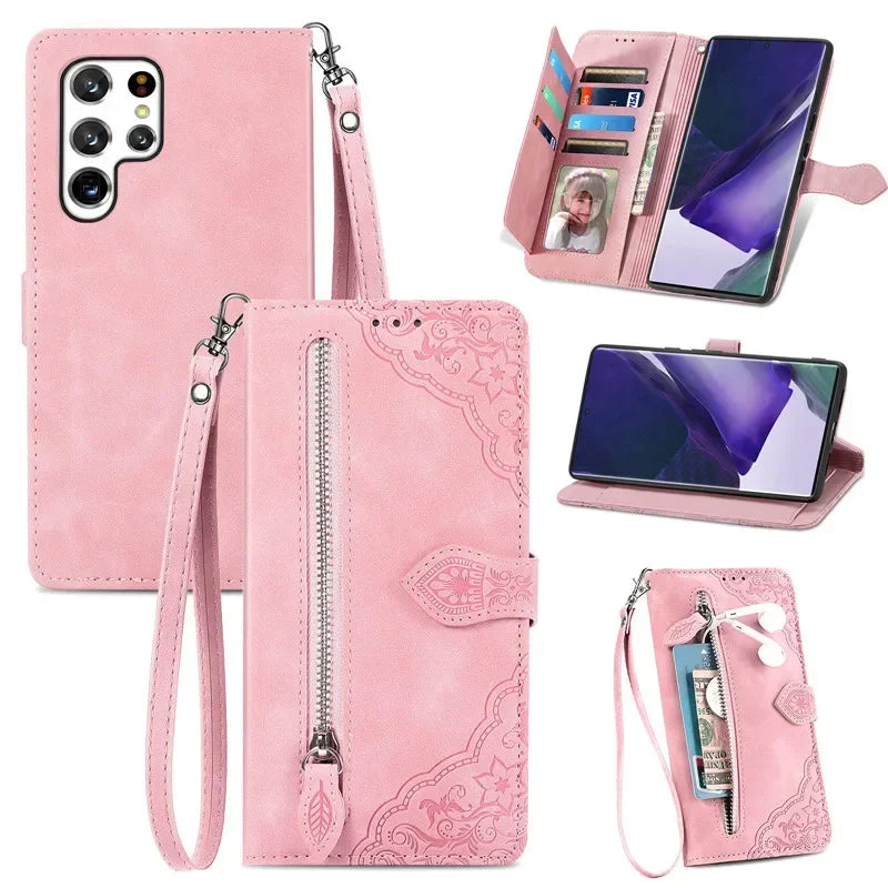 Lanyard Zipper Flip Wallet Card Cover For Samsung Galaxy S25 Edge S24 Ultra S23 Plus S22 S21 FE A17 Magnetic Leather Phone Case