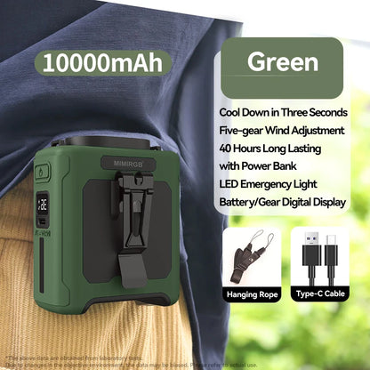 10000mAh Waist Fan Wearable Waist Fan 5 Speeds Light 40H Cooling for Outdoor Jobsite Travel Suitable for Outdoor Use Sports