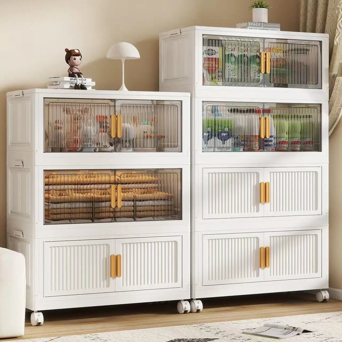 Oversized 3/4/5-Tier Foldable Storage w/ Wheels - No Assembly, Magnetic Doors, Clothes/Toys/Books - Living/Bedroom/Office