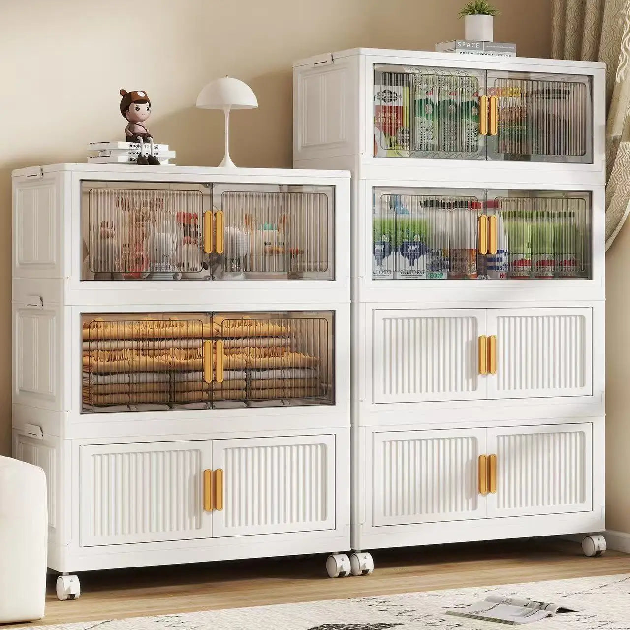 Oversized 3/4/5-Tier Foldable Storage w/ Wheels - No Assembly, Magnetic Doors, Clothes/Toys/Books - Living/Bedroom/Office