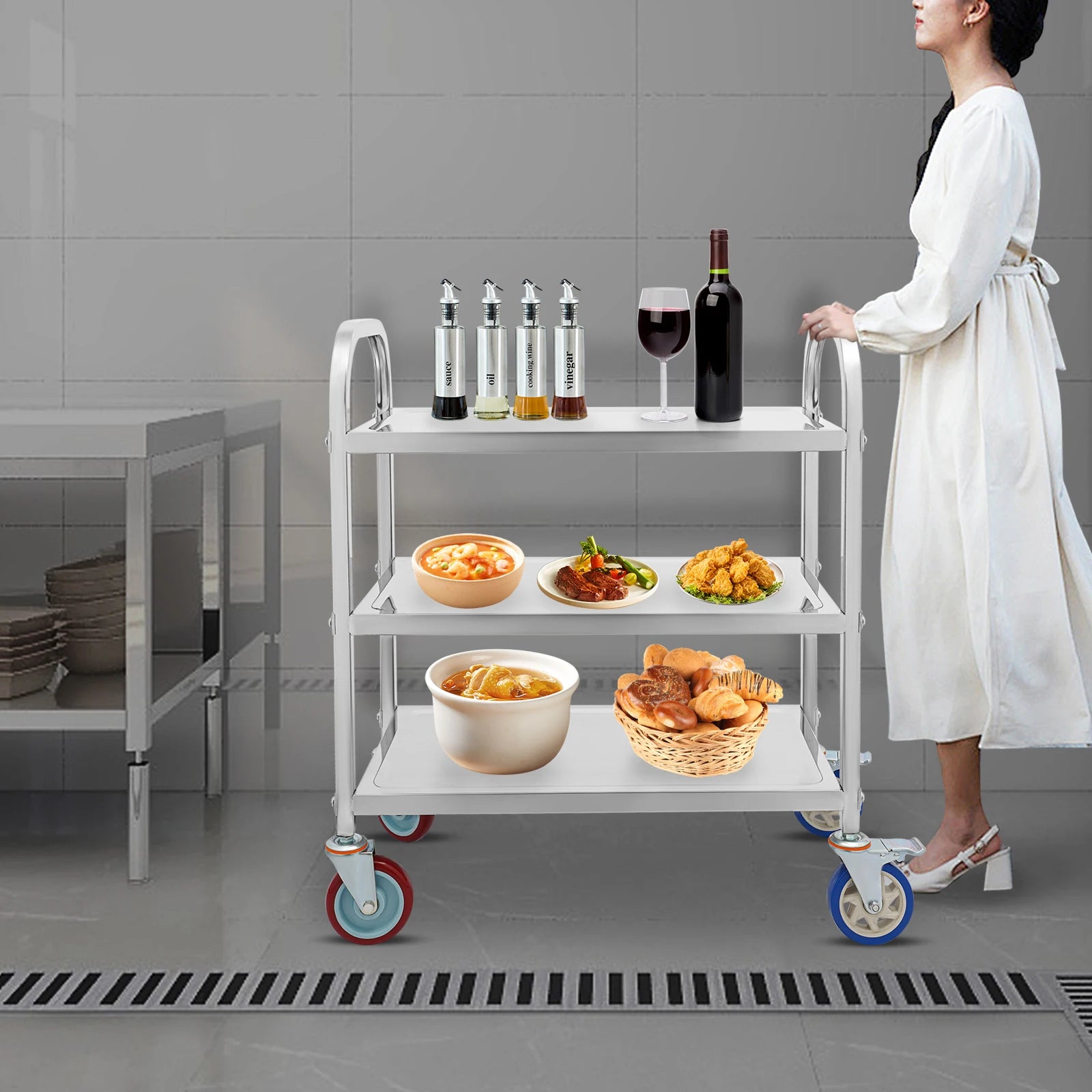 3 Tier Stainless Steel Kitchen Trolley Cart,   Utility Serving Storage Rolling Car Shelf, Kitchen Trolley Car
