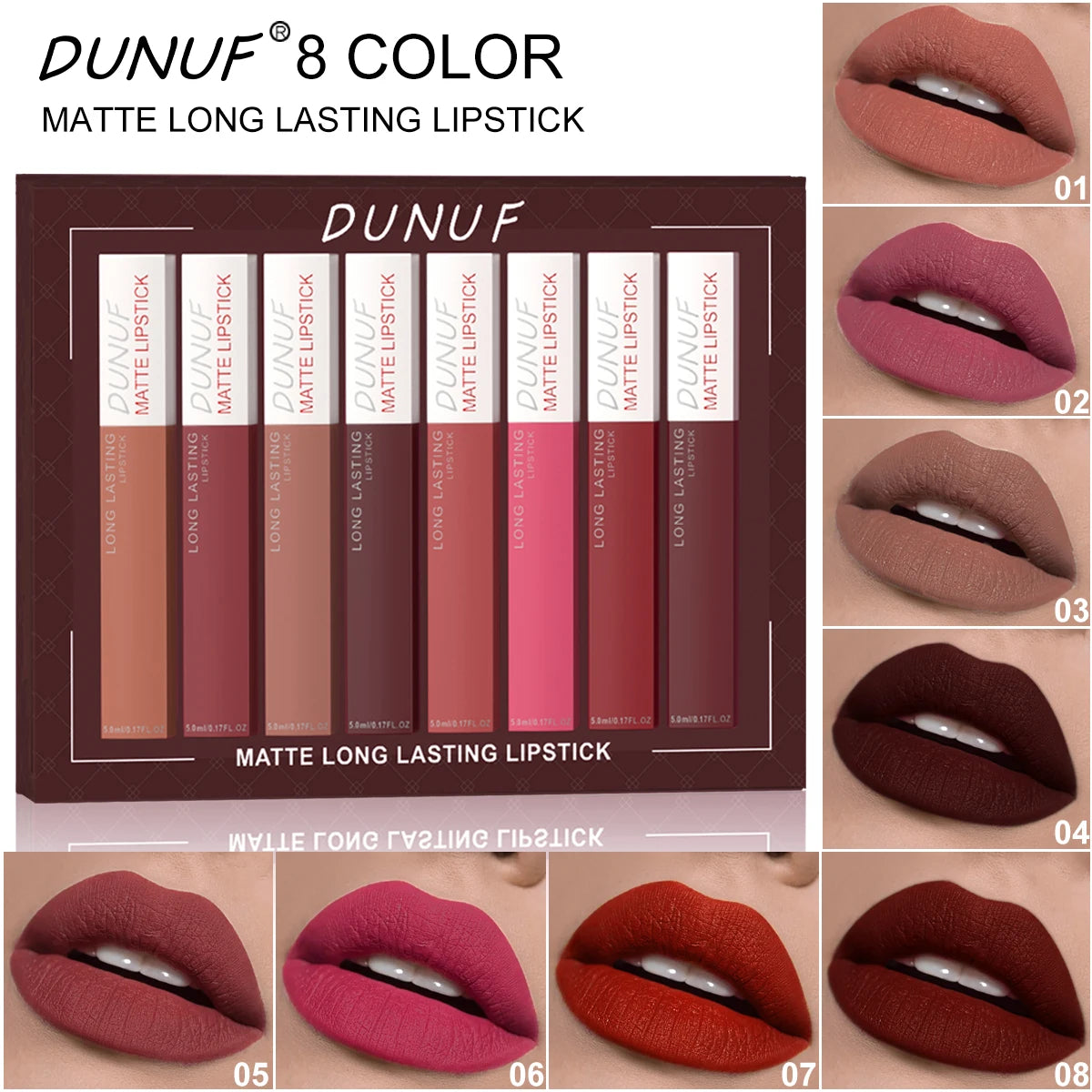 8pc/set Long-Lasting Lip Gloss Matte Waterproof Lipstick Lip Stain Non-transfer Highly Pigmented Nude Red Y2K Daily&amp;Party Makeup