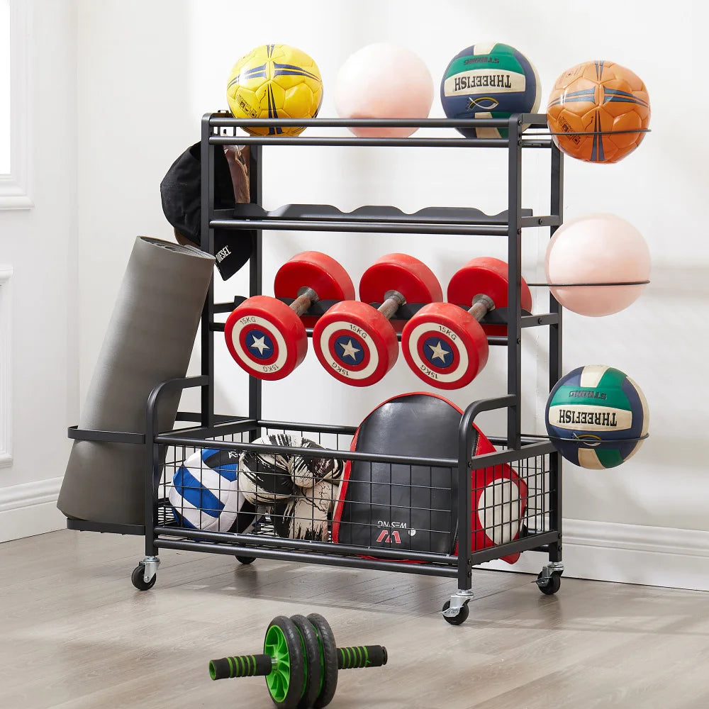 4-Tier Metal Storage Organizer Rolling Wheels for Basketball Sports Equipment Organizer for Yoga Mat Larger Ball Storage Rack