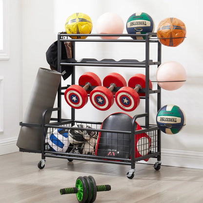 4-Tier Metal Storage Organizer Rolling Wheels for Basketball Sports Equipment Organizer for Yoga Mat Larger Ball Storage Rack