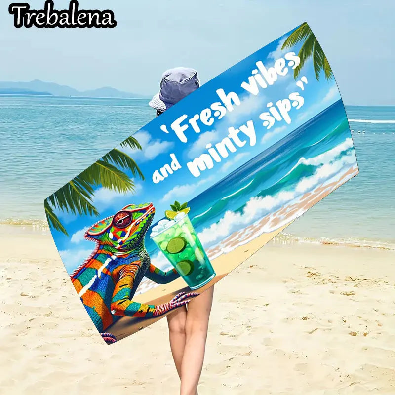 30*60inch Ultra-Soft Beach Towel with Tropical Chameleon Fresh Vibes Beach Towel