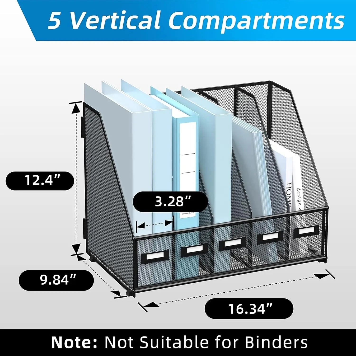 Metal Desk Magazine File Holder with 5 Vertical Compartments Rack File Organizer for Office Desktop, Home Workspace, Black