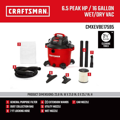 Heavy-Duty 16-Gallon Wet/Dry Shop Vacuum with 6.5 HP Peak Power and Accessories by Craftsman CMXEVBE17595