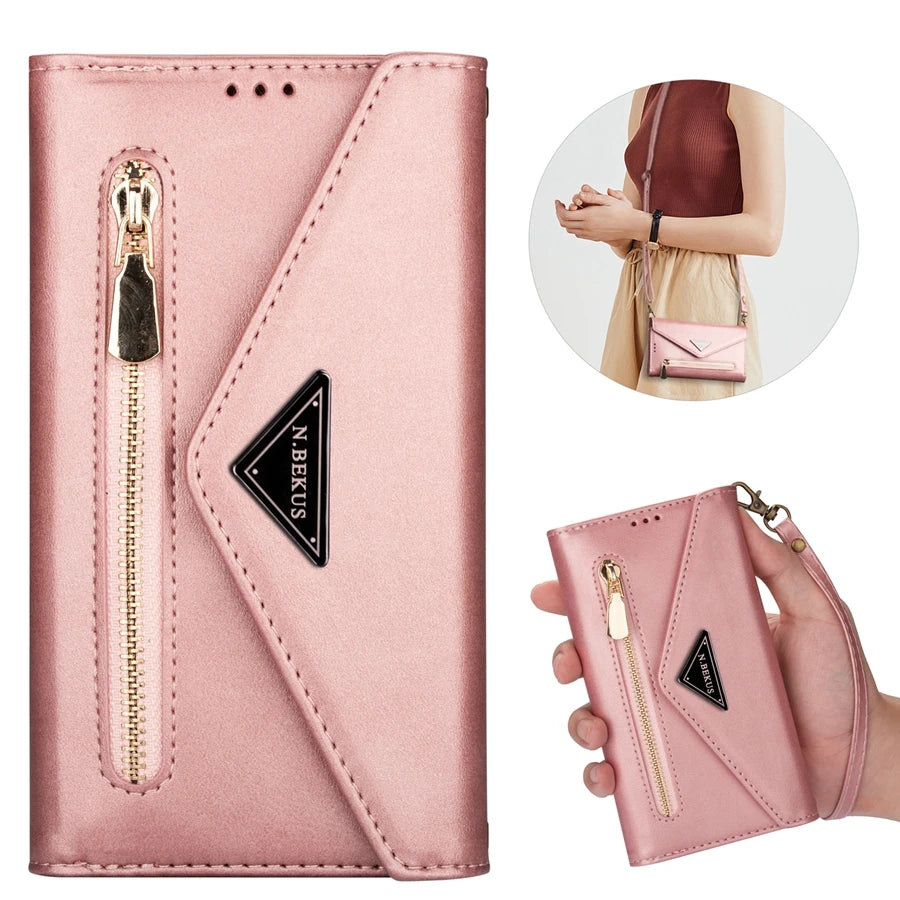 Zipper Wallet Leather Case for iPhone 14 13 15 Pro Max 12 Mini 11 X XR XS 8 7 6 6S Plus Se2022 Multi Card Solt Cover Hand Strap