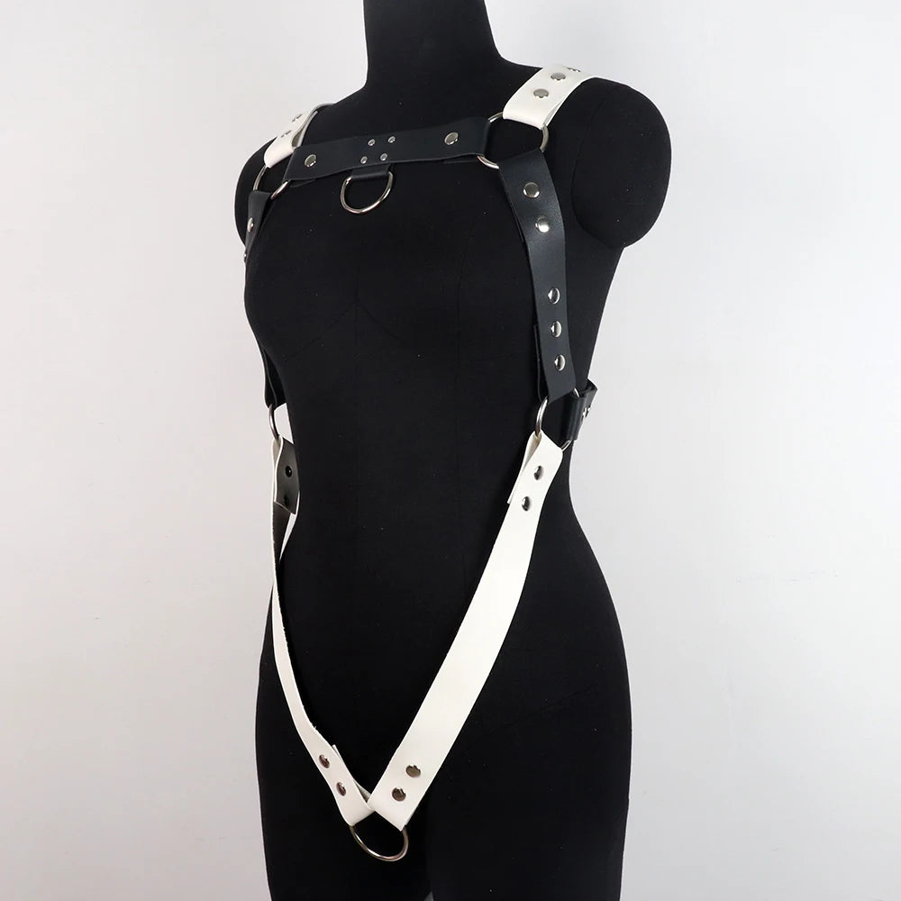 Men Chest Harness Belt Black and White Punk Body Harness Belt, Buckle Clothes Outfits Shoulder Straps Nightclub Cosplay Clubwear