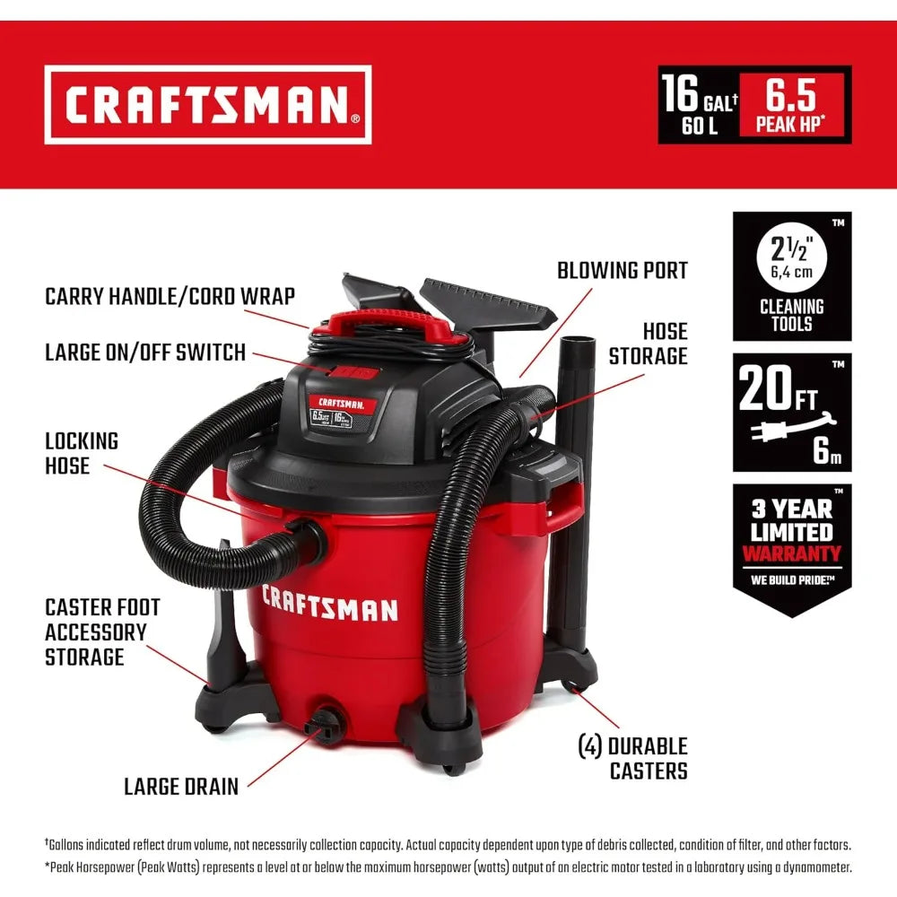 Heavy-Duty 16-Gallon Wet/Dry Shop Vacuum with 6.5 HP Peak Power and Accessories by Craftsman CMXEVBE17595