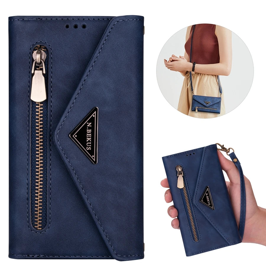 Zipper Wallet Leather Case for iPhone 14 13 15 Pro Max 12 Mini 11 X XR XS 8 7 6 6S Plus Se2022 Multi Card Solt Cover Hand Strap