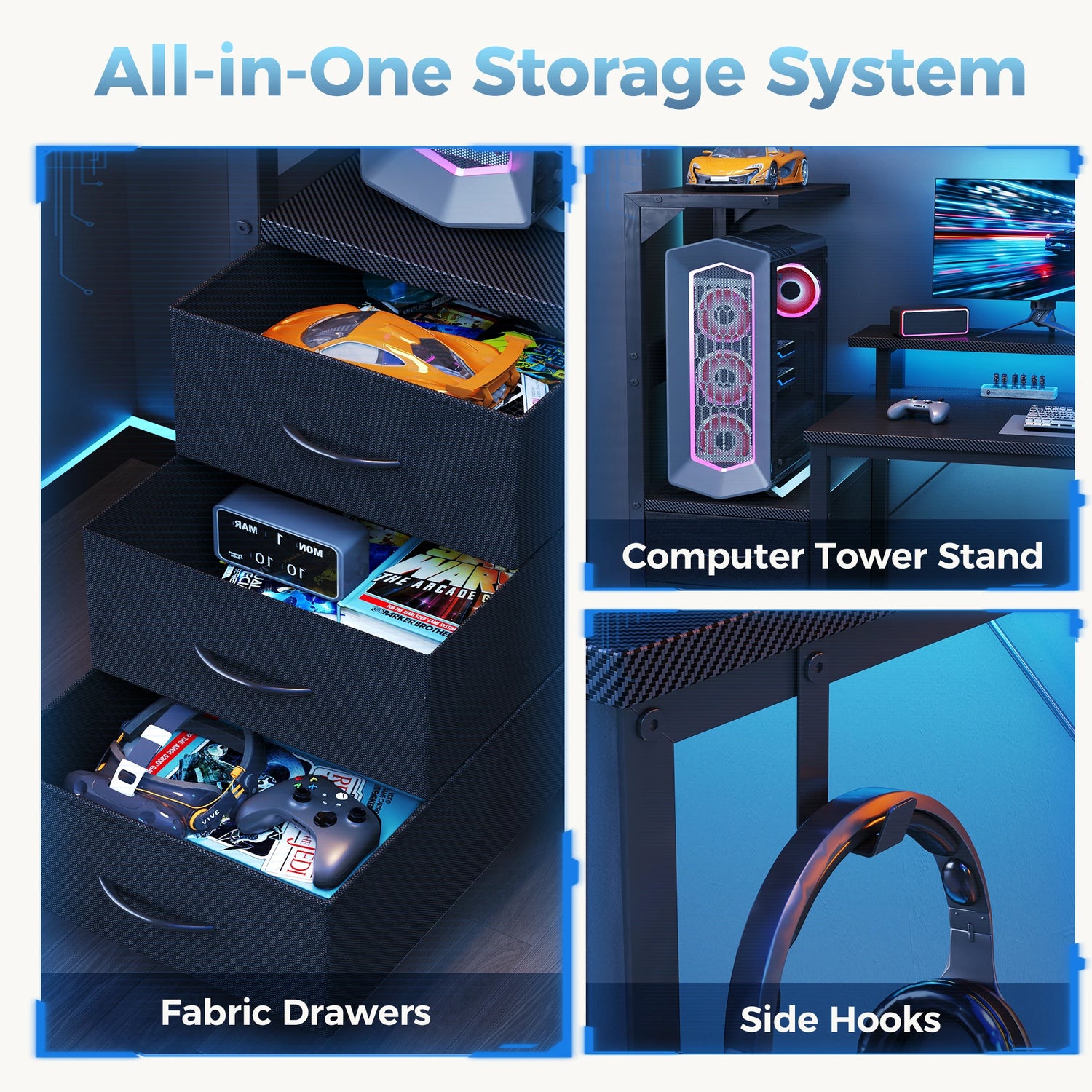 JHK 52In to 59In Gaming Desk with 3 Storage Drawers Wood Office Computer Desks with LED Lights Power Outlets for Office Bedroom