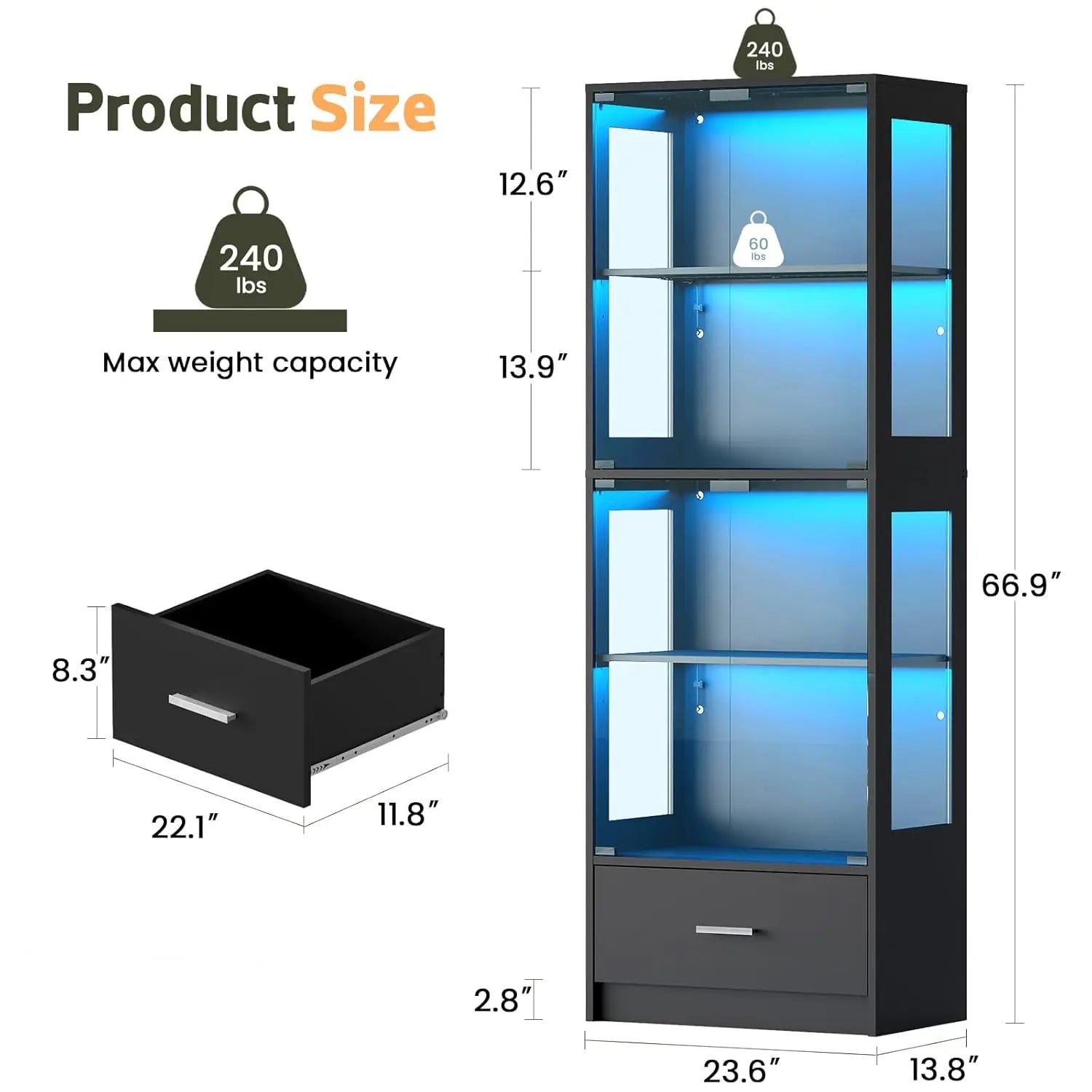 Display Cabinet with Glass Doors - 67" Curio Cabinet with RGB LED Lights and Drawer for Collectibles, 4 Tier Glass, Customized