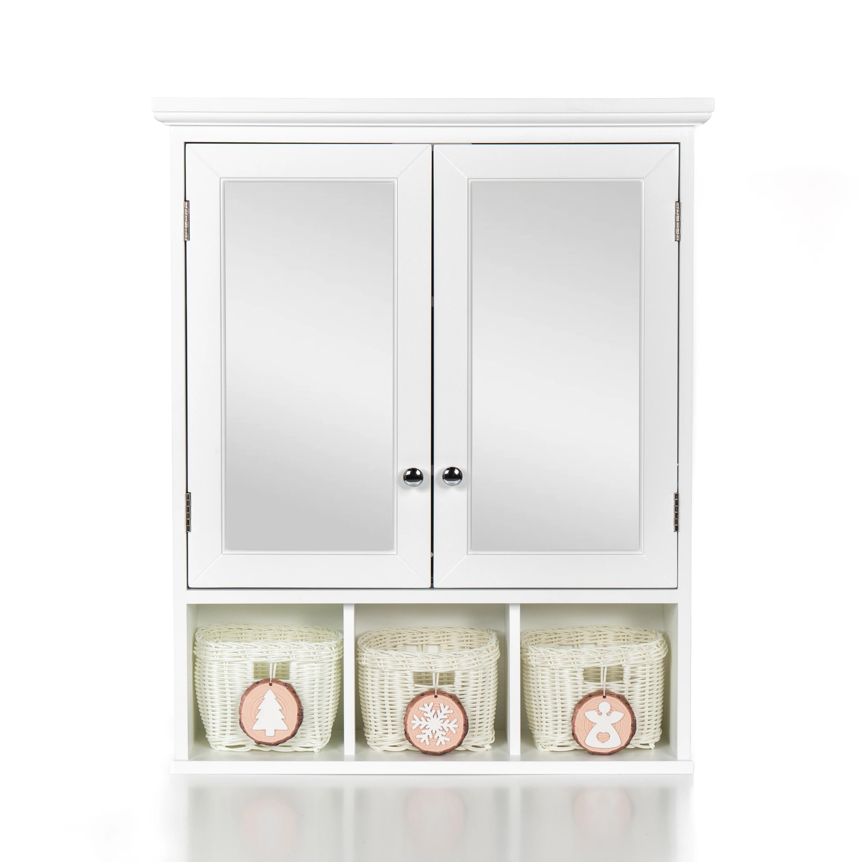 Bathroom Storage Cabinet, Medicine Cabinets for Bathroom with Mirror, 2 Doors 4 Adjustable Shelf + 3 Christmas Style Storage Bas