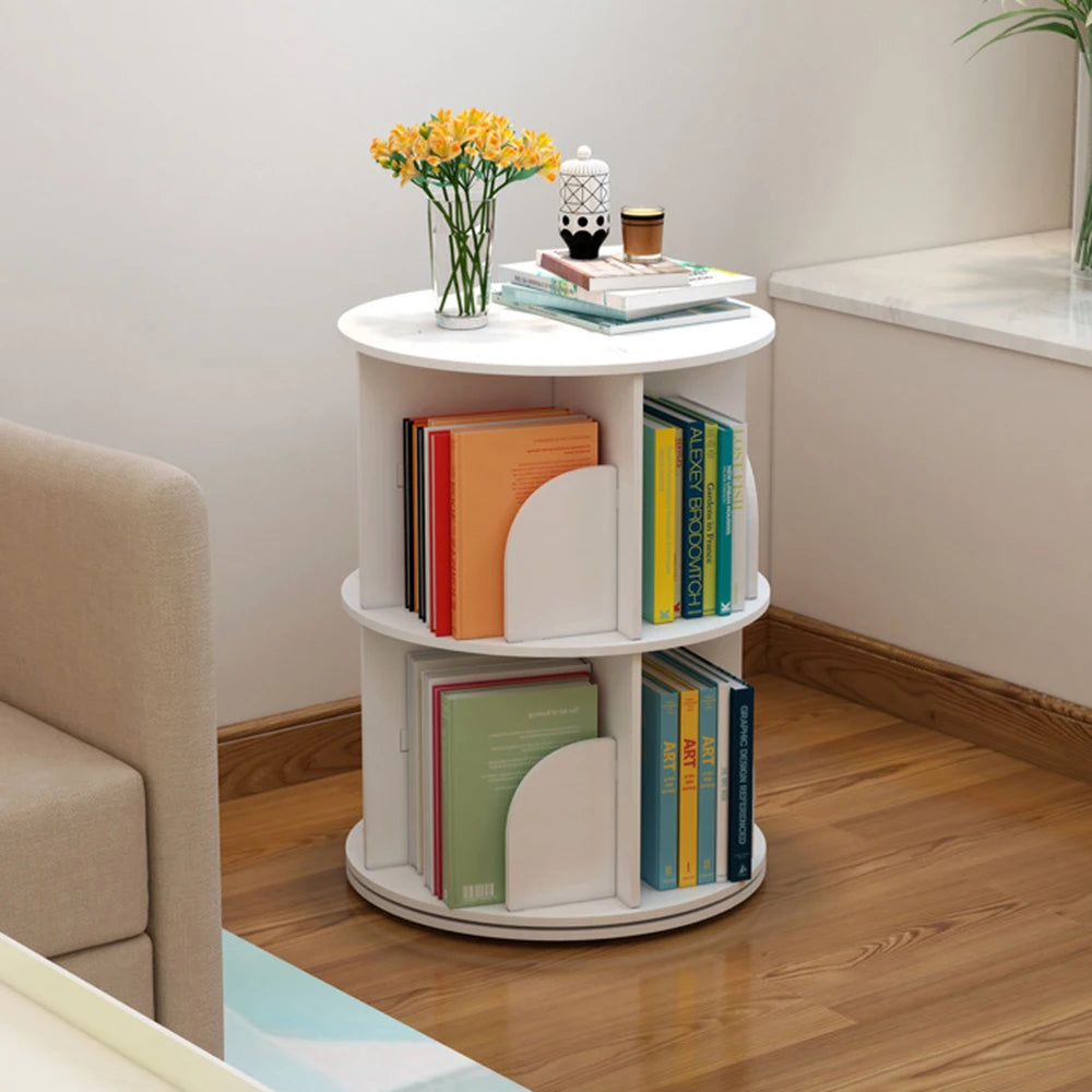 2/4-Tier Wooden Rotatable Bookshelf - 360°Display Floor Standing Storage Rack, White Multifunctional Bookshelf Organizer