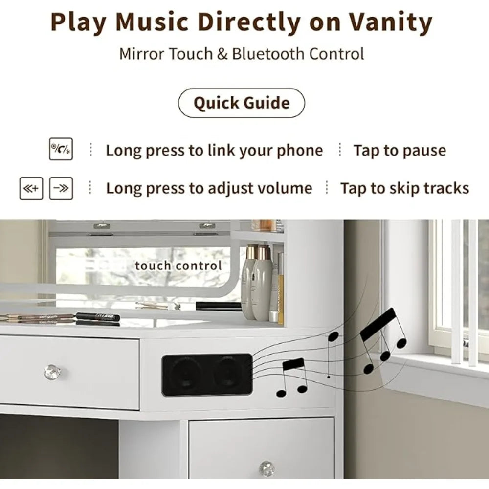 Corner Vanity Desk with Bluetooth Speaker, 8 Drawers &amp; 6 Shelves, Modern Vanity with Mirror and Lights, Makeup Vanity with Glass