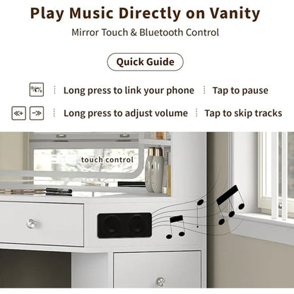 Corner Vanity Desk with Bluetooth Speaker, 8 Drawers &amp; 6 Shelves, Modern Vanity with Mirror and Lights, Makeup Vanity with Glass