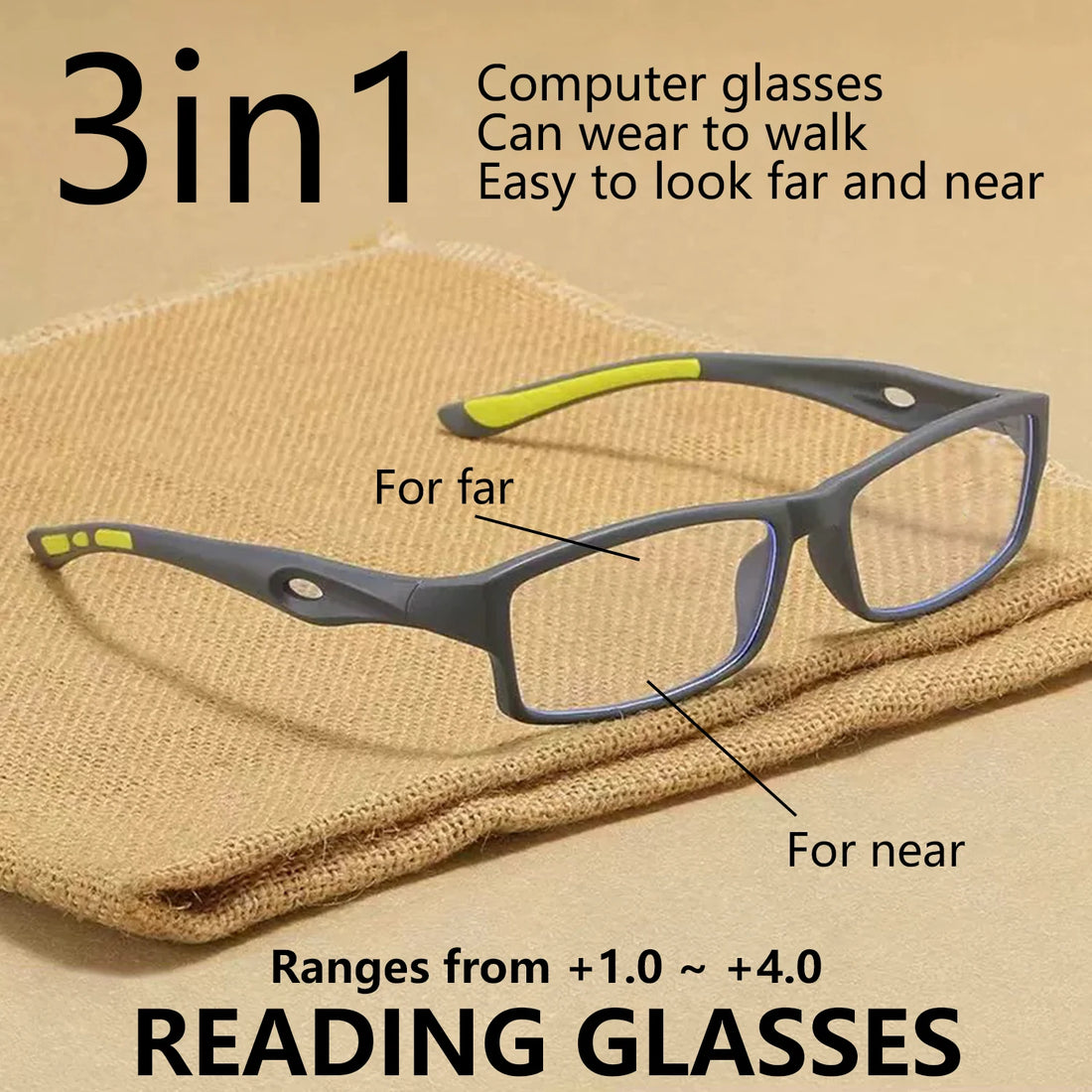Sports Multifocal Photochromic Reading Glasses, Full Frame Anti-slip Ultralight Glasses From +1.0 To -+4.0