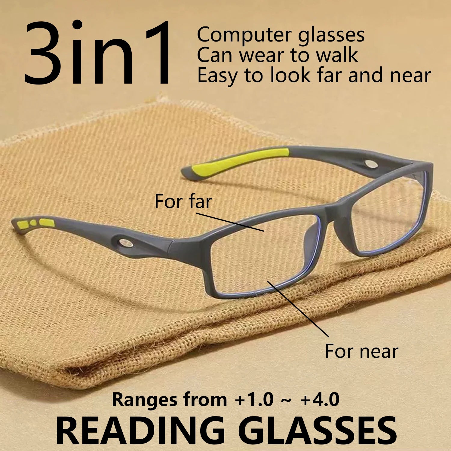 Sports Multifocal Photochromic Reading Glasses, Full Frame Anti-slip Ultralight Glasses From +1.0 To -+4.0