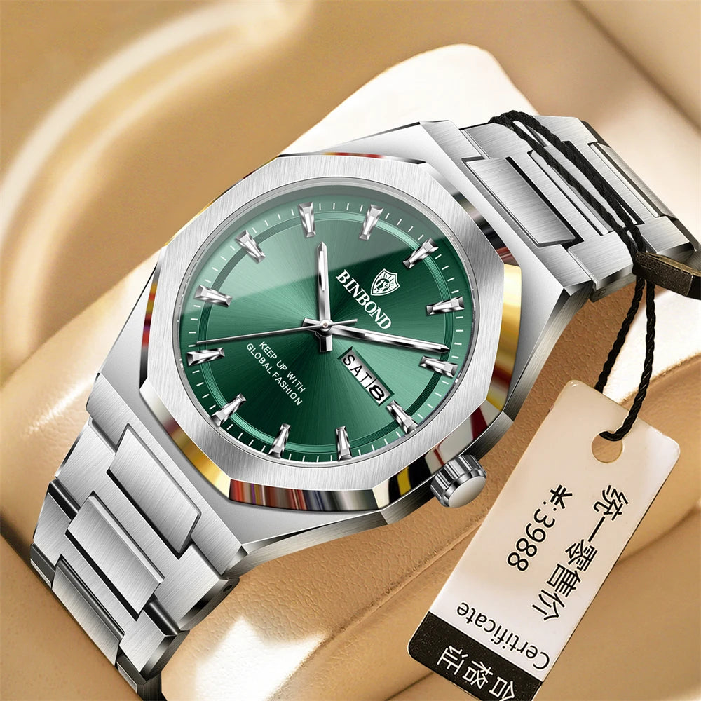 BINBOND Luxury Quartz Man Wristwatch Sport Men Watches Waterproof Luminous Date Week Stainless Steel Men&