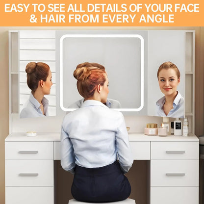 Vanity Desk with Mirror and Lights, Vanity Tables with 9 Drawers, Makeup Vanity with Tri-Folding 3 Colors Lighting, Customized
