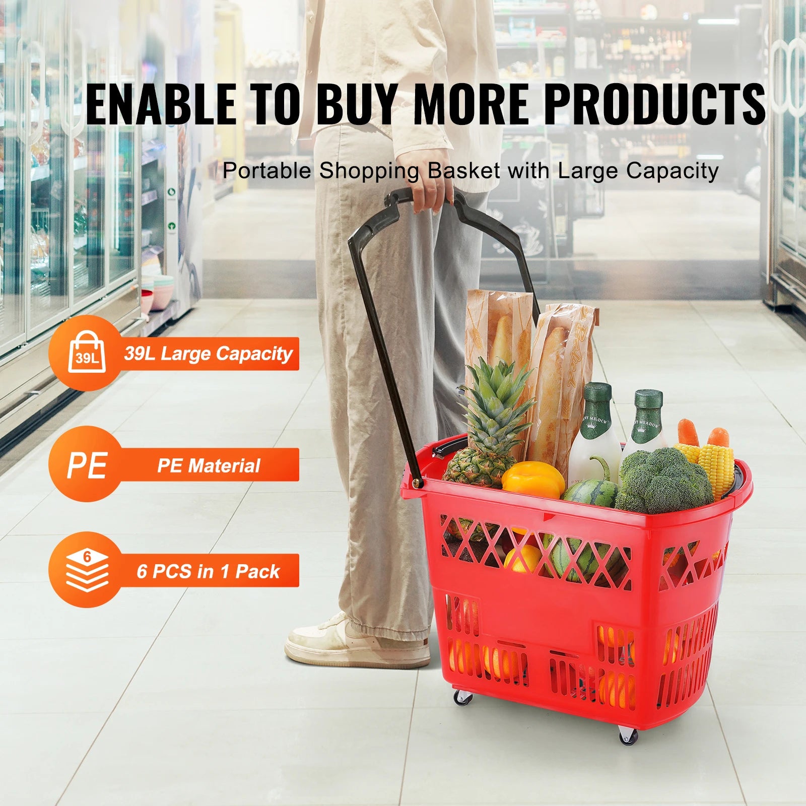 SucceBuy 6PCS Shopping Baskets 39L Rolling Shopping Carts with Handles &amp; Wheels Portable  for Supermarkets Retail Stores Grocery