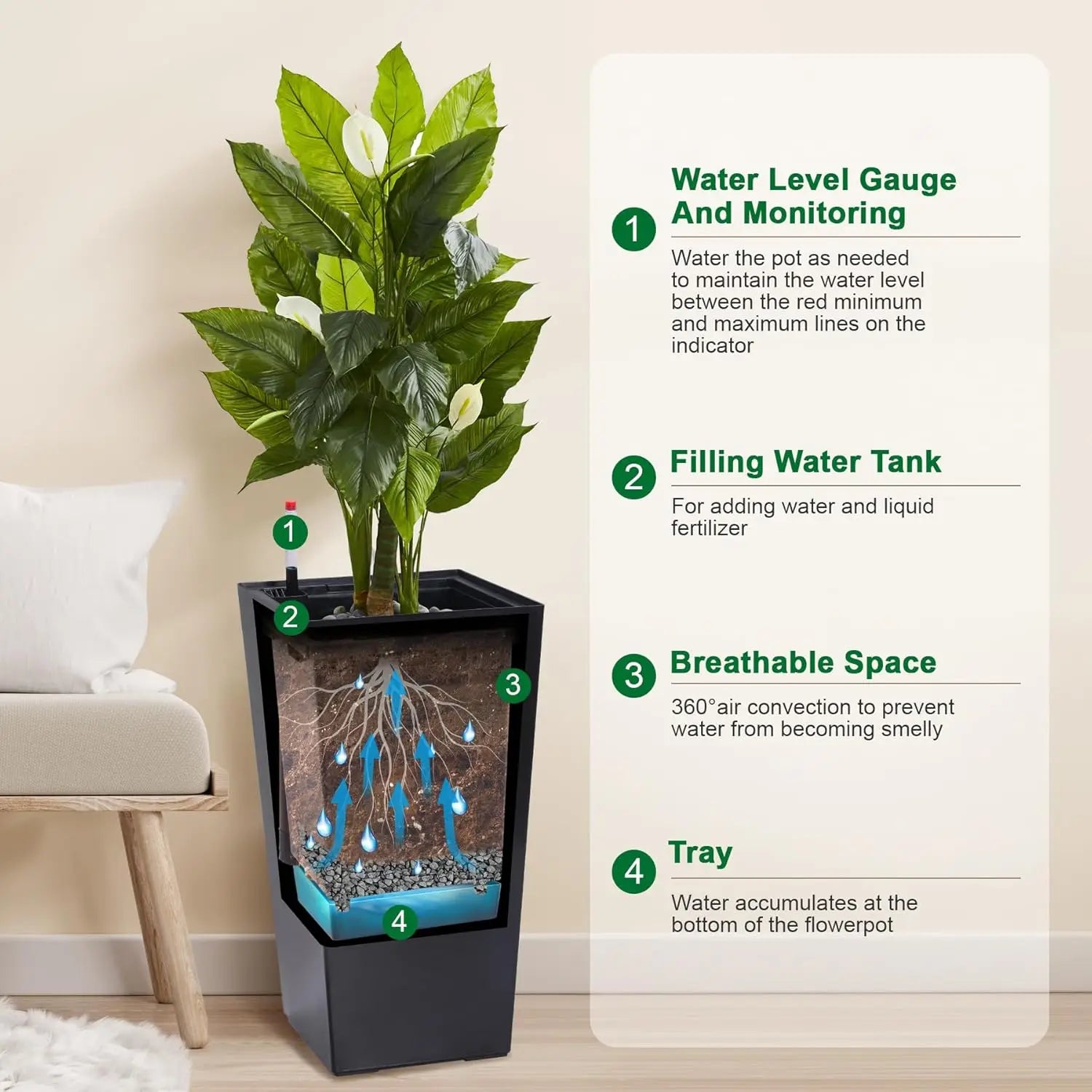 2 PCS 22.4 Inch Tall Planter Indoor ＆ Outdoor Black Taper Planter with Shelf Insert Self-Absorbing Plastic Flower Pots