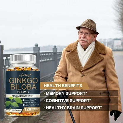 Ginkgo Biloba Capsules - Brain Health Supplement That Helps Blood Circulation, Metabolism and Energy Levels