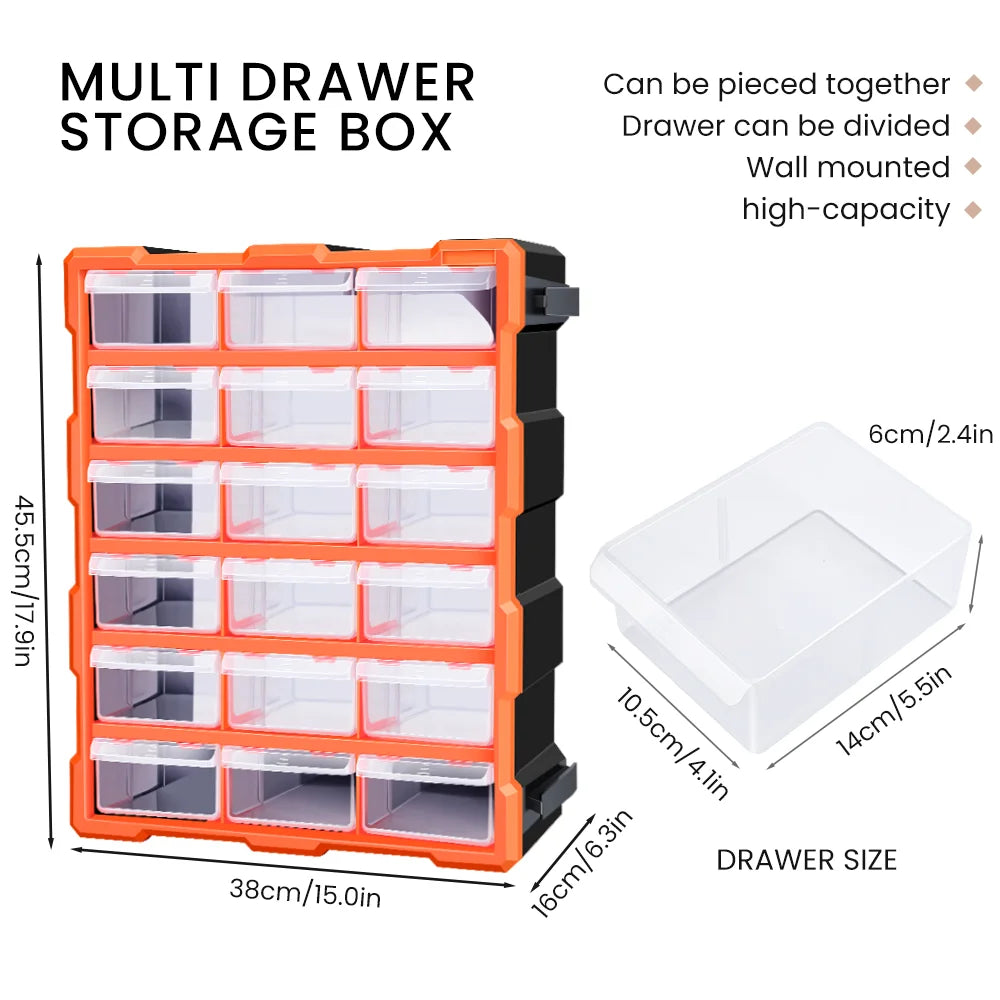 AIRAJ Multi-Drawer Storage Organizer - 18 Slots, Plastic Parts &amp; Crafts Cabinet for Desk or Wall Mount, Ideal for Hardware, Bead