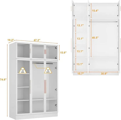 Wardrobe with LED Lights, 5-storey Bookshelf and 6 Glass Doors, 47.2-inch Wooden Display Cabinet with Hanging Pole