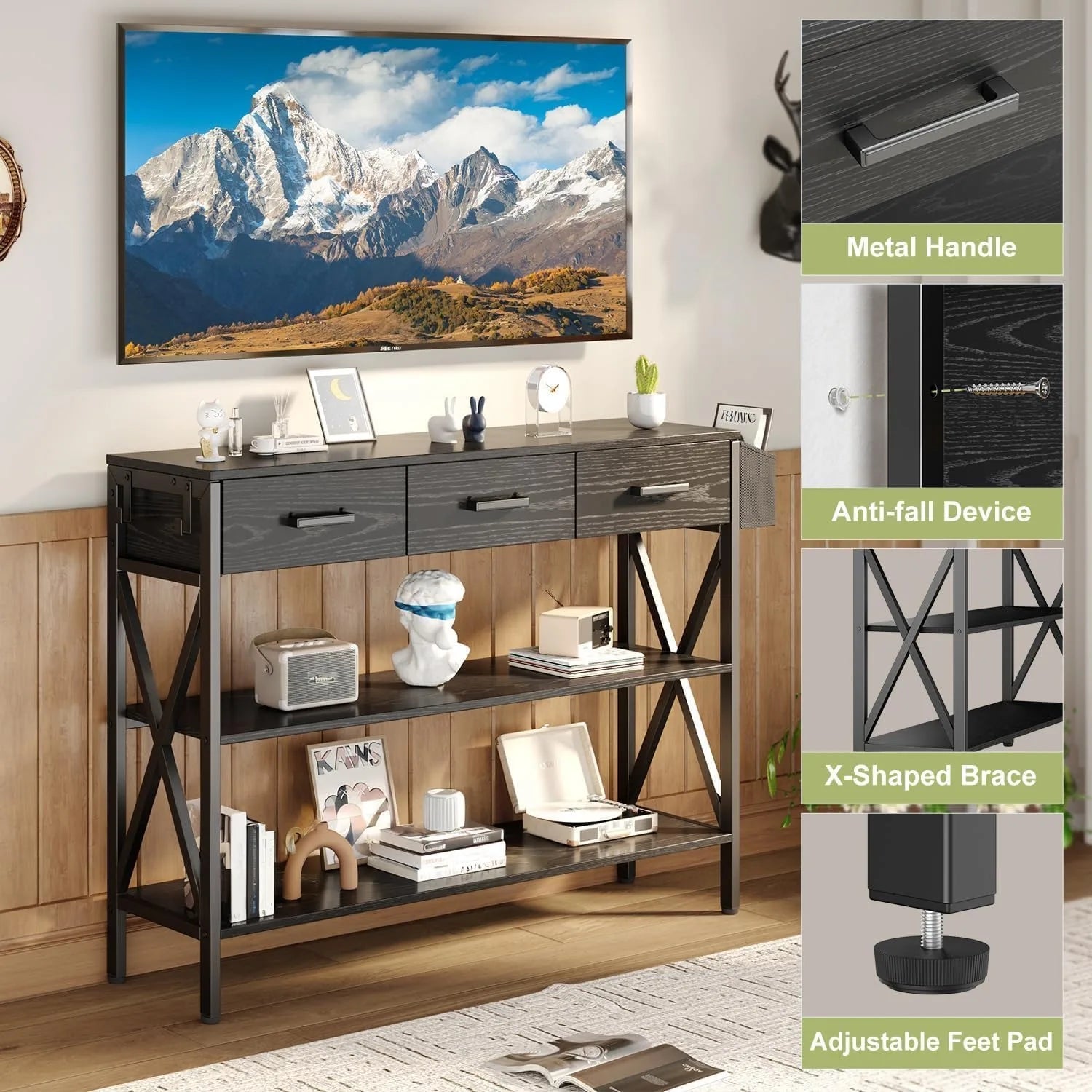 47" Console Table with 3 Drawers, Industrial Entryway Table with 3 Tier Storage Shelves, Narrow Long Sofa Table for Entry Way
