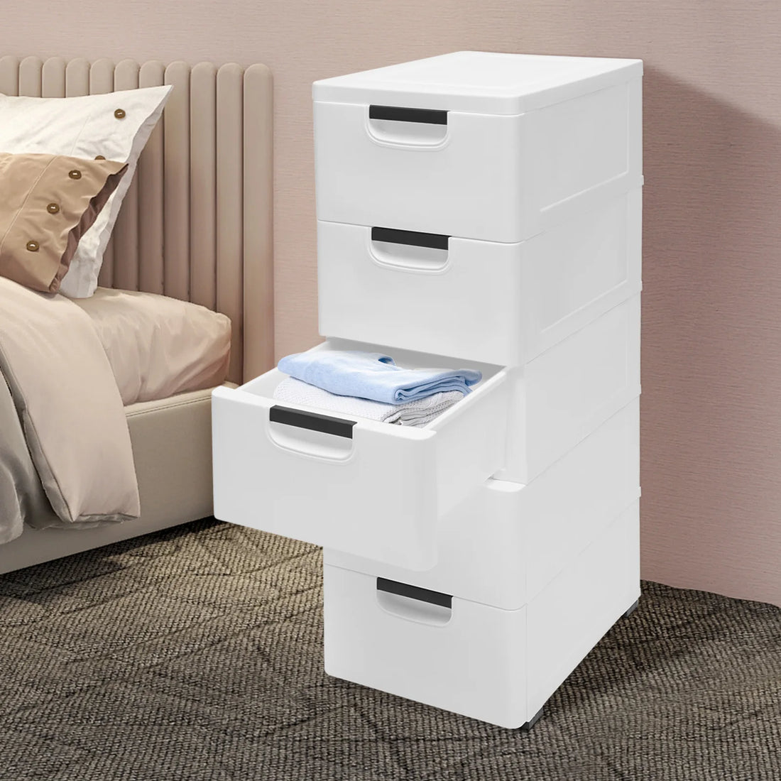 Plastic Drawers Dresser Storage Cabinet w/ Wheels,5 Drawer Stackable Vertical Clothes Storage Tower,Organizer Unit for Bathroom