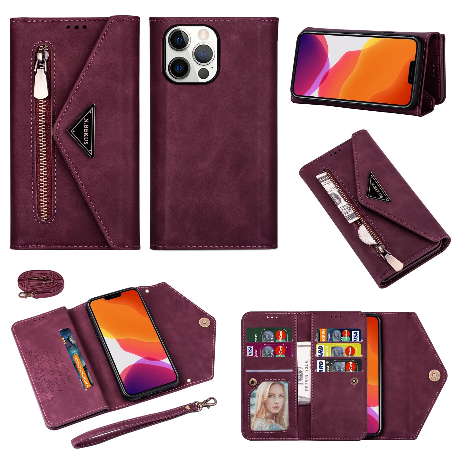 Zipper Wallet Leather Case for iPhone 14 13 15 Pro Max 12 Mini 11 X XR XS 8 7 6 6S Plus Se2022 Multi Card Solt Cover Hand Strap