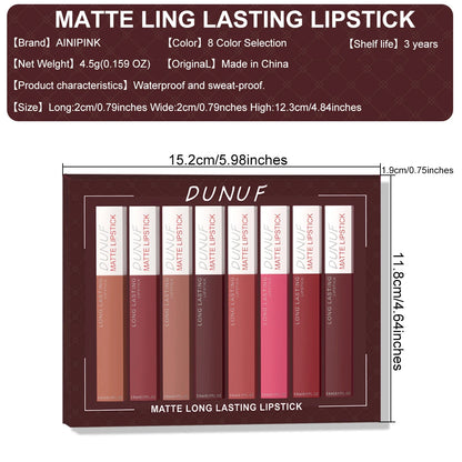 8pc/set Long-Lasting Lip Gloss Matte Waterproof Lipstick Lip Stain Non-transfer Highly Pigmented Nude Red Y2K Daily&amp;Party Makeup