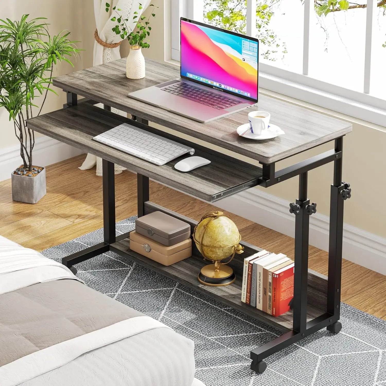 Portable Desk for Sofa and Bed,Height Adjustable Laptop Table,Rolling Computer Cart with Keyboard Tray on Wheels for Home Office