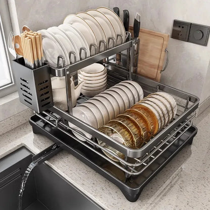 Stainless Steel Dish Drying Rack with Drainboard, Over Sink Plate Organizer for Kitchen Storage &amp; Organization