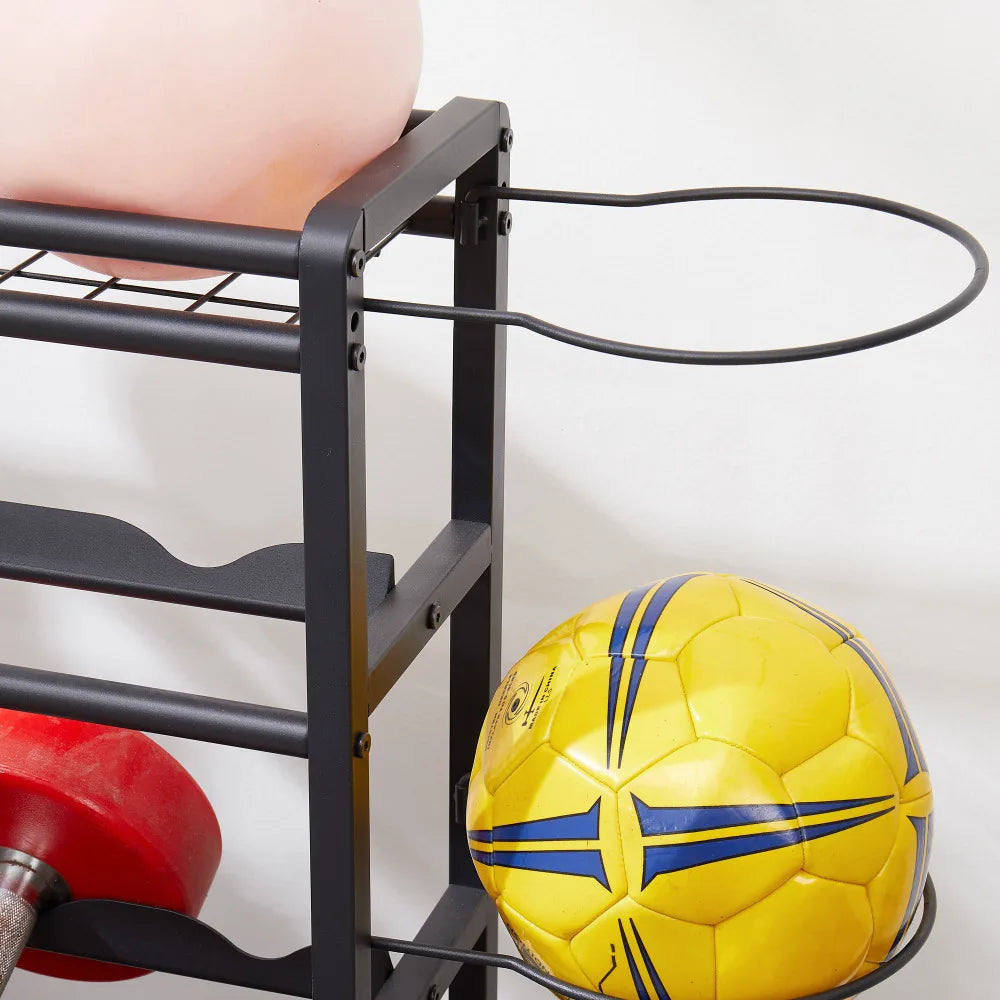 4-Tier Metal Storage Organizer Rolling Wheels for Basketball Sports Equipment Organizer for Yoga Mat Larger Ball Storage Rack