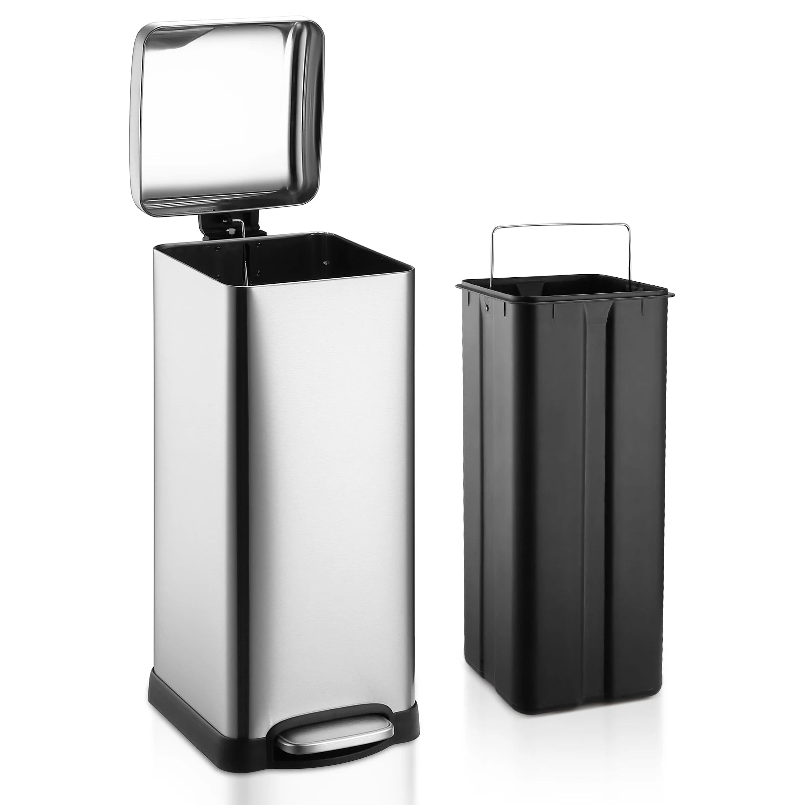8 Gallon Step Trash Can, Square Fingerprint-Proof Garage Can with Soft-Close Lid for Home with Removable Inner Bucket