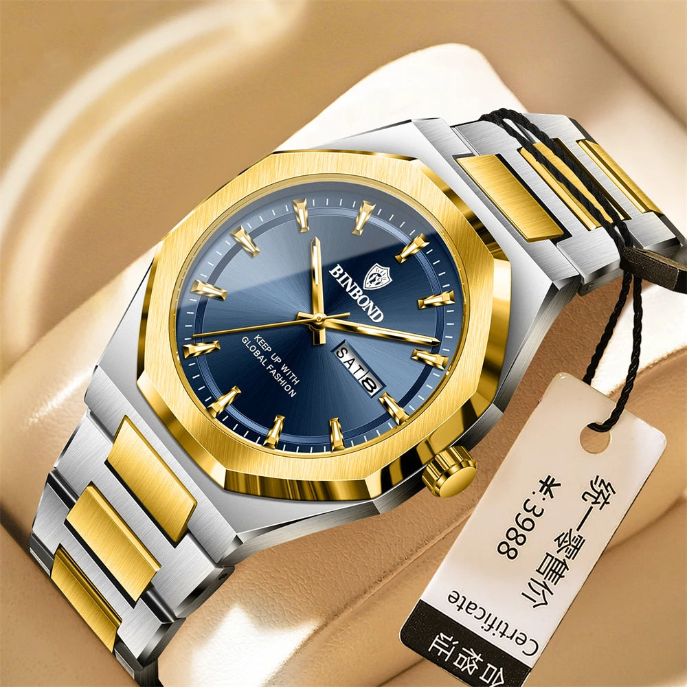 BINBOND Luxury Quartz Man Wristwatch Sport Men Watches Waterproof Luminous Date Week Stainless Steel Men&