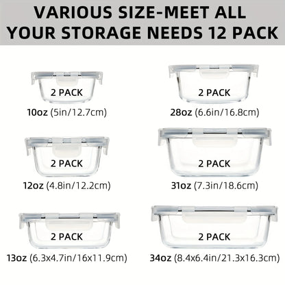 24PCS (12containers+12lids) High Borosilicate Glass Food Storage Containers Set - Leakproof Airtight Lids Perfect for Meal Prep