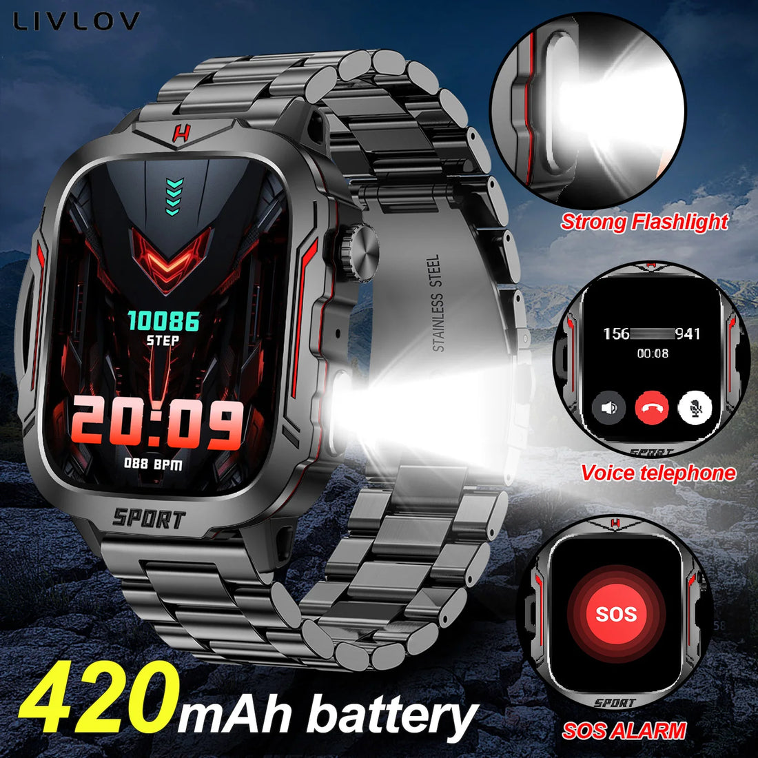 Flashlight Smart Watch for Men/Women, 1.96&