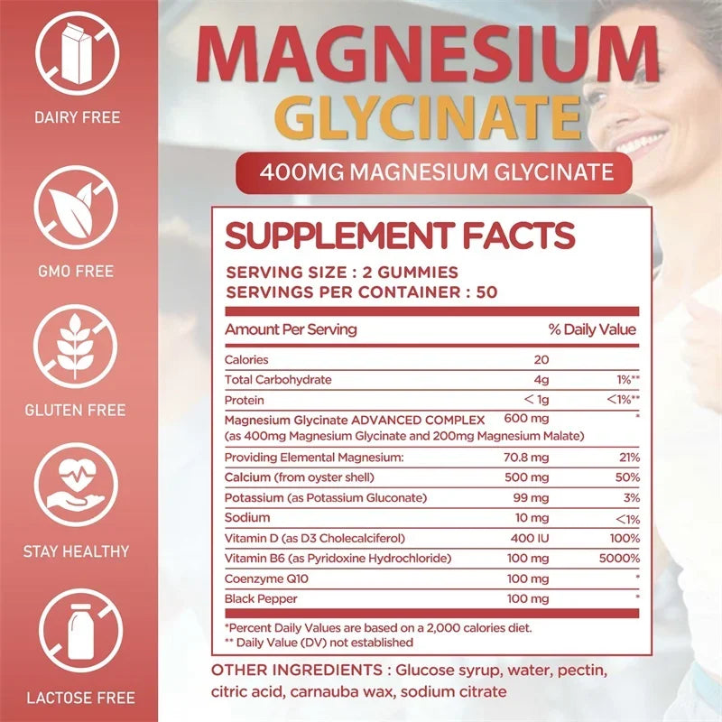 Magnesium Glycinate Gummies - Calm, Relieves Stress, Promotes Sleep, Support Memory, Concentration &amp; Muscle Spasms - 120pcs