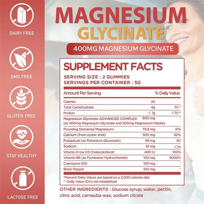 Magnesium Glycinate Gummies - Calm, Relieves Stress, Promotes Sleep, Support Memory, Concentration &amp; Muscle Spasms - 120pcs