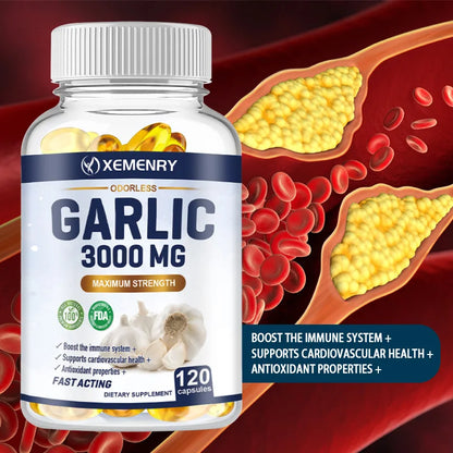 Garlic Capsules 3000mg - for Immune and Cardiovascular,  Antioxidant，Cholesterol Health - 120 Capsules