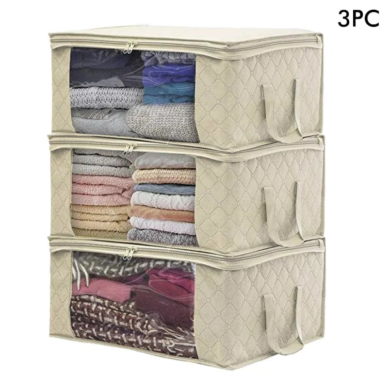1/3pcs Large Capacity Clothing Storage Box Folding Non Woven Fabric Quilts Clothes Organizer Case With Zipper Organizers