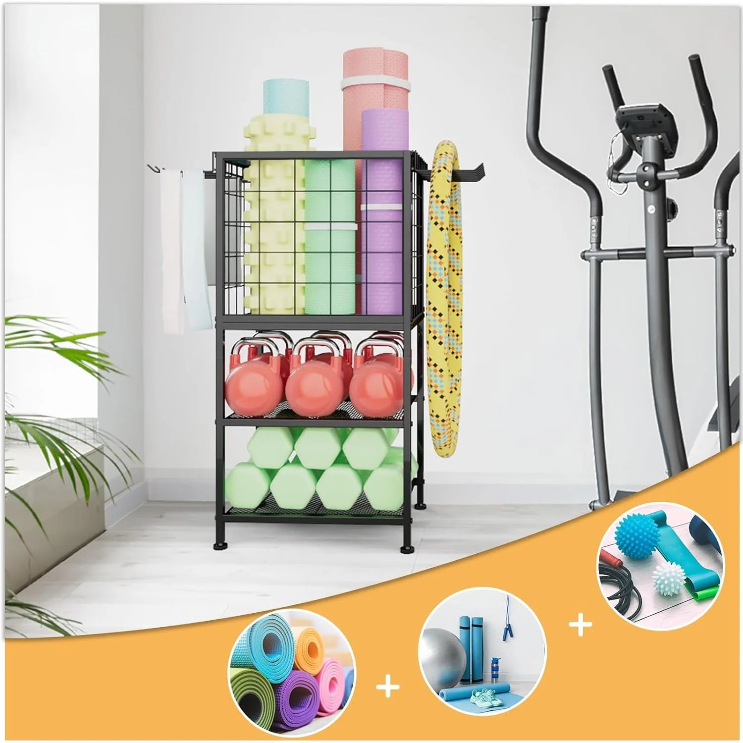 Home Gym Weight Rack with Storage Hooks - Organizer for Dumbbells, Resistance Bands &amp; Yoga Mat