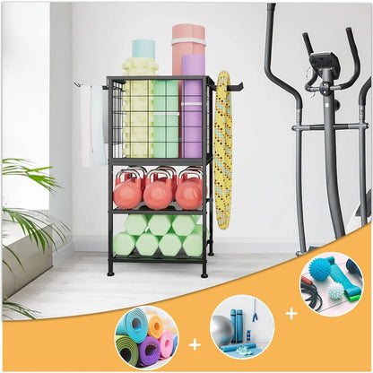 Home Gym Weight Rack with Storage Hooks - Organizer for Dumbbells, Resistance Bands &amp; Yoga Mat